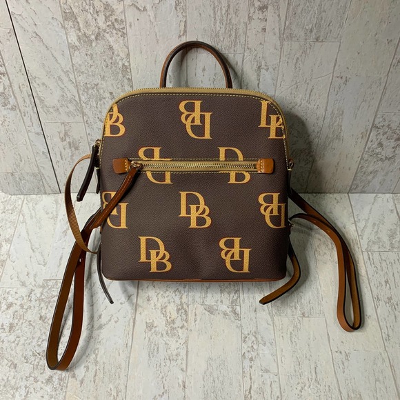 Dooney & Bourke Handbags - Dooney & Bourke Monogram Signature Logo Backpack Brown Coated Cotton Pockets